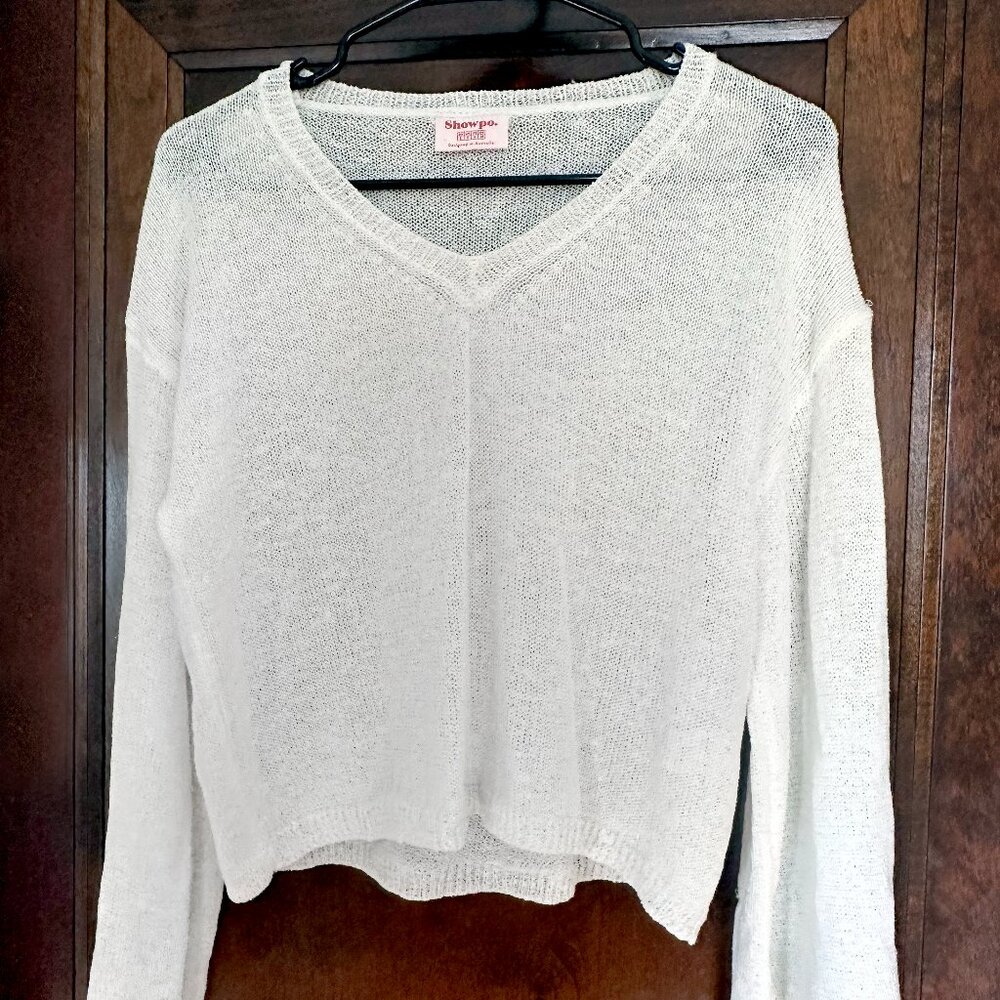 Showpo Lightweight White Knit Sweater with Flare Sleeves